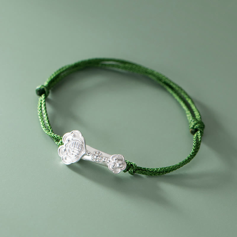 Wear FengShui Handmade 999 Sterling Silver Fu Character Wish Ruyi Handle Luck Braided Green Rope Bracelet