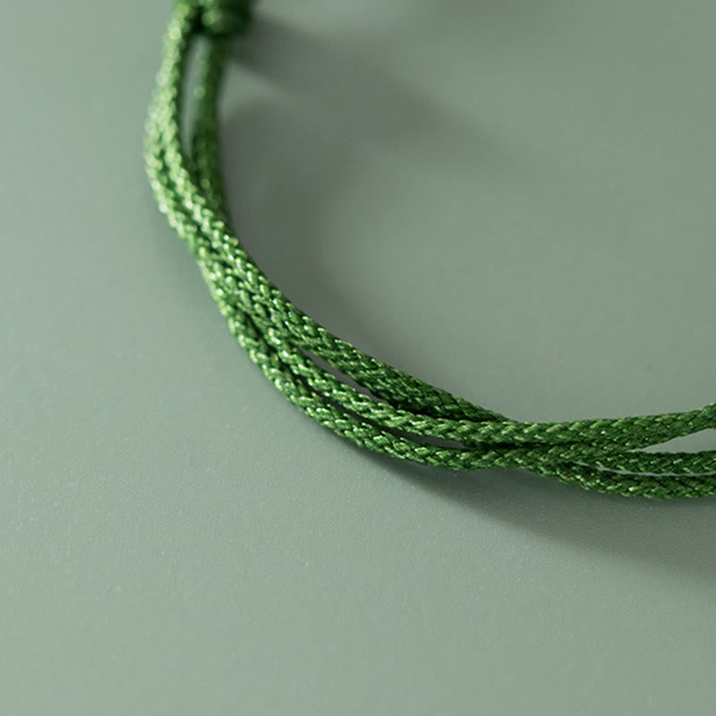 Wear FengShui Handmade 999 Sterling Silver Fu Character Wish Ruyi Handle Luck Braided Green Rope Bracelet