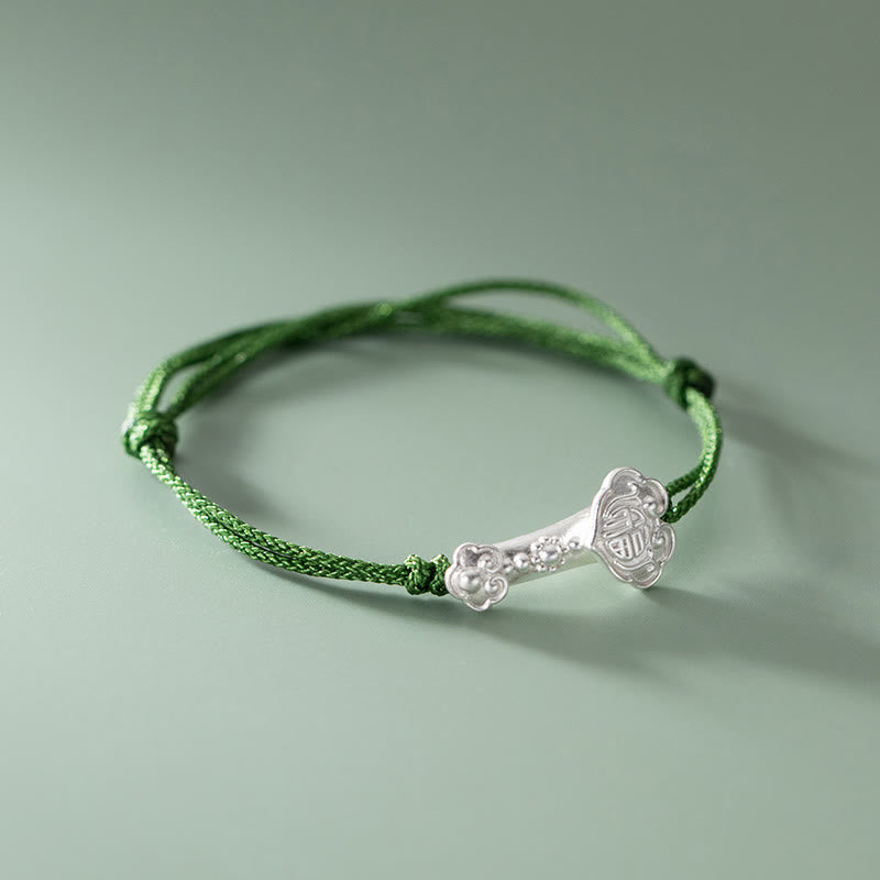Wear FengShui Handmade 999 Sterling Silver Fu Character Wish Ruyi Handle Luck Braided Green Rope Bracelet