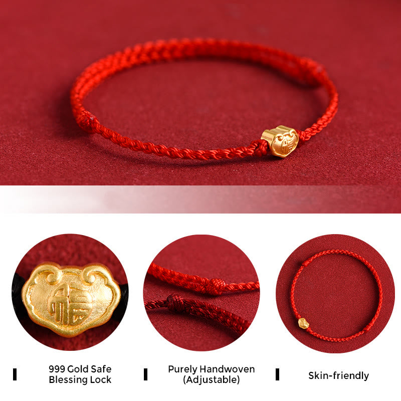 Wear FengShui 999 Gold Chinese Lock Charm Fu Character Protection Handmade Rope Bracelet