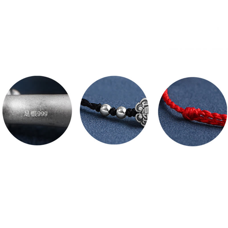 Wear FengShui Handmade 999 Sterling Silver Fu Character Wish Ruyi Handle Fortune Rope Bracelet Anklet