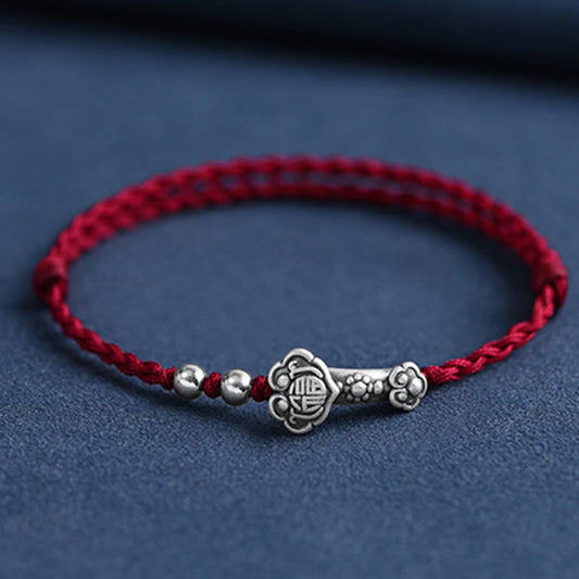 Wear FengShui Handmade 999 Sterling Silver Fu Character Wish Ruyi Handle Fortune Rope Bracelet Anklet