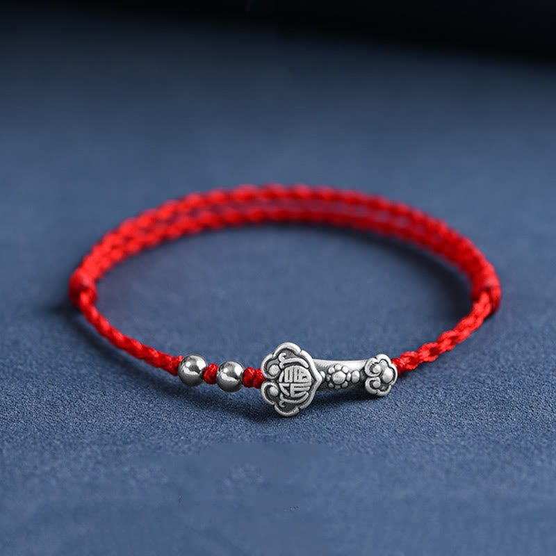 Wear FengShui Handmade 999 Sterling Silver Fu Character Wish Ruyi Handle Fortune Rope Bracelet Anklet