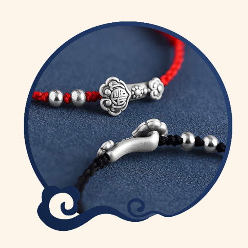 Wear FengShui Handmade 999 Sterling Silver Fu Character Wish Ruyi Handle Fortune Rope Bracelet Anklet