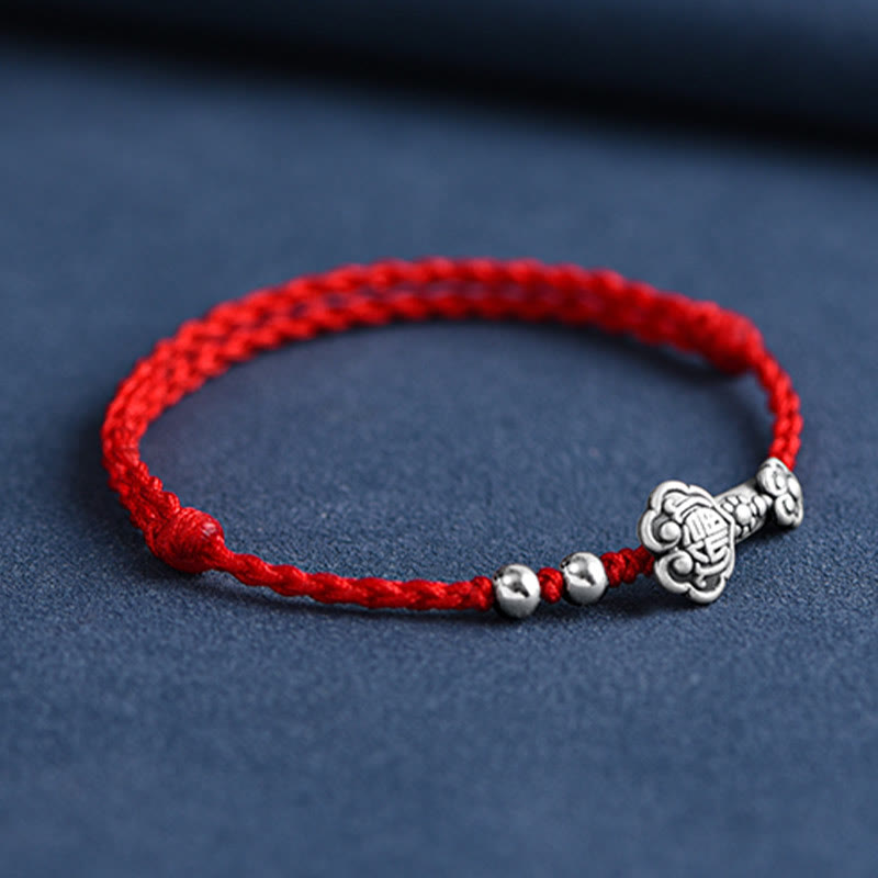 Wear FengShui Handmade 999 Sterling Silver Fu Character Wish Ruyi Handle Fortune Rope Bracelet Anklet
