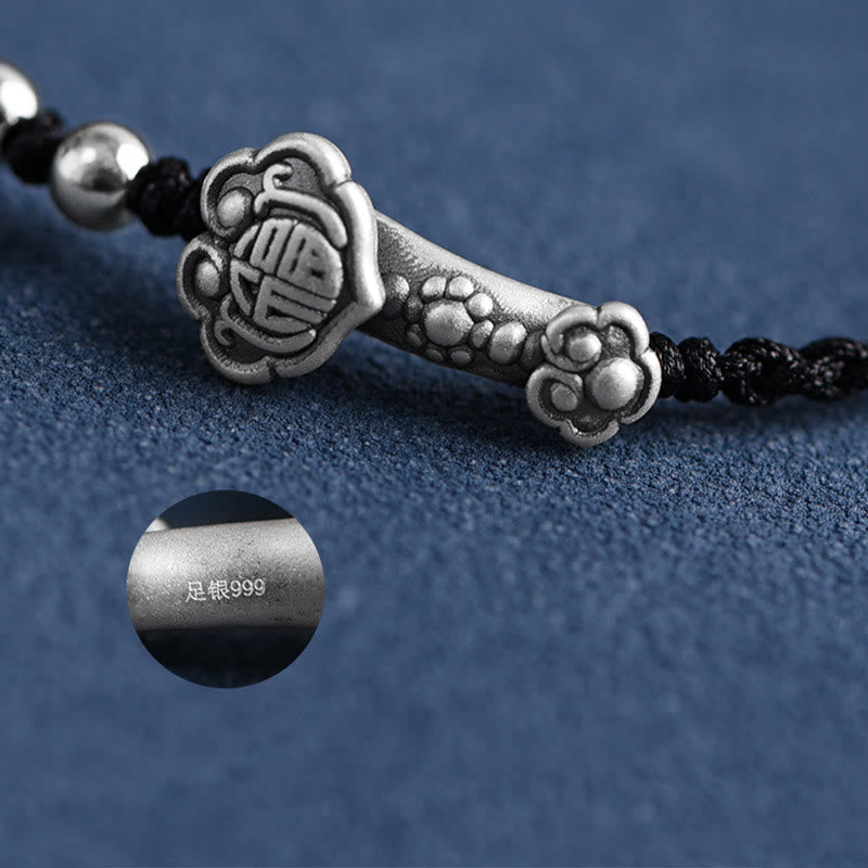 Wear FengShui Handmade 999 Sterling Silver Fu Character Wish Ruyi Handle Fortune Rope Bracelet Anklet