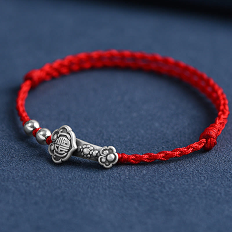 Wear FengShui Handmade 999 Sterling Silver Fu Character Wish Ruyi Handle Fortune Rope Bracelet Anklet