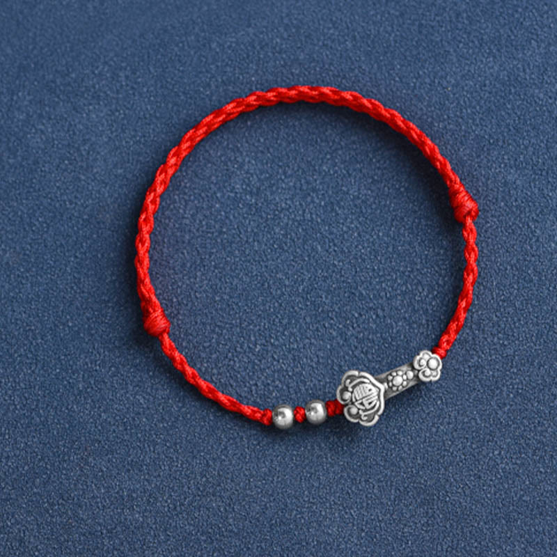 Wear FengShui Handmade 999 Sterling Silver Fu Character Wish Ruyi Handle Fortune Rope Bracelet Anklet