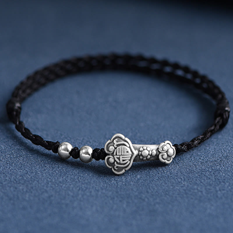 Wear FengShui Handmade 999 Sterling Silver Fu Character Wish Ruyi Handle Fortune Rope Bracelet Anklet