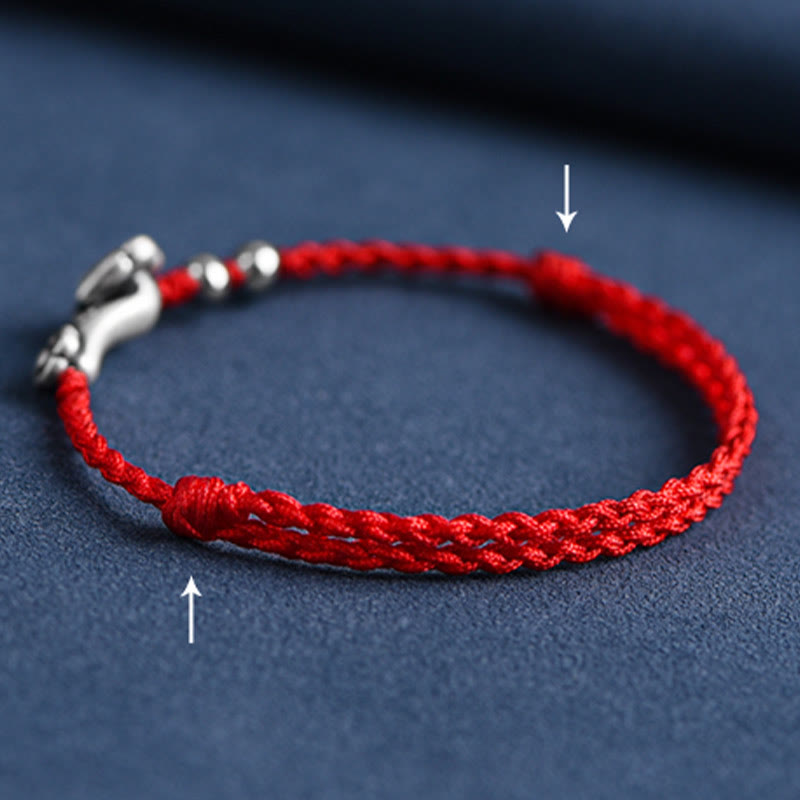 Wear FengShui Handmade 999 Sterling Silver Fu Character Wish Ruyi Handle Fortune Rope Bracelet Anklet