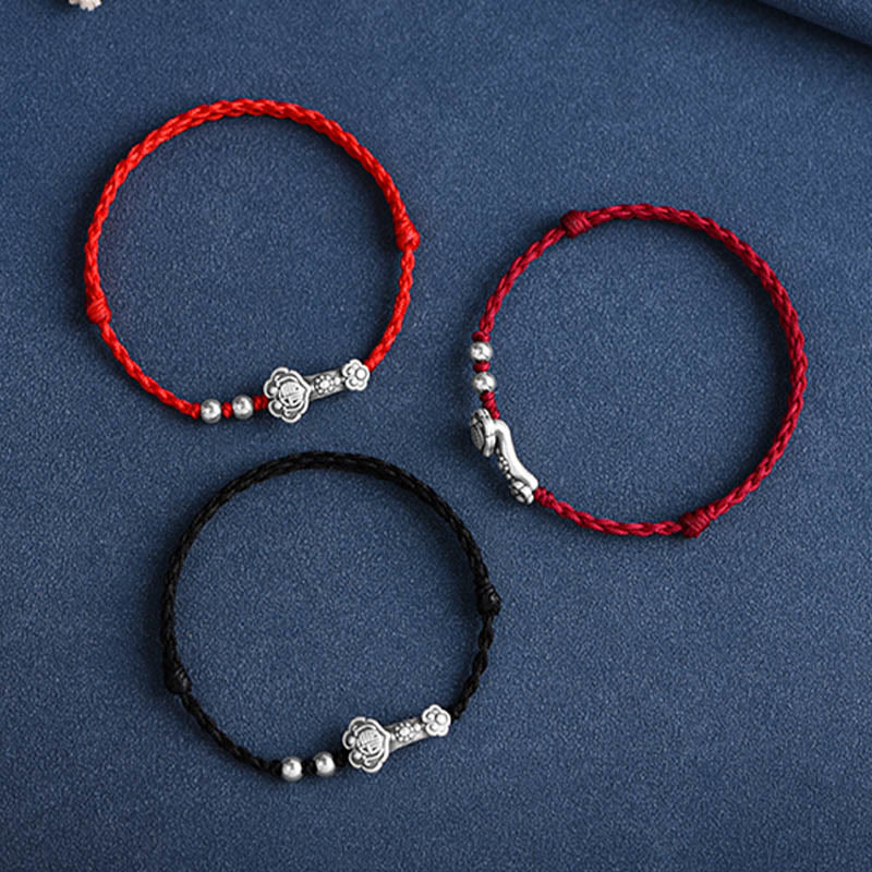 Wear FengShui Handmade 999 Sterling Silver Fu Character Wish Ruyi Handle Fortune Rope Bracelet Anklet
