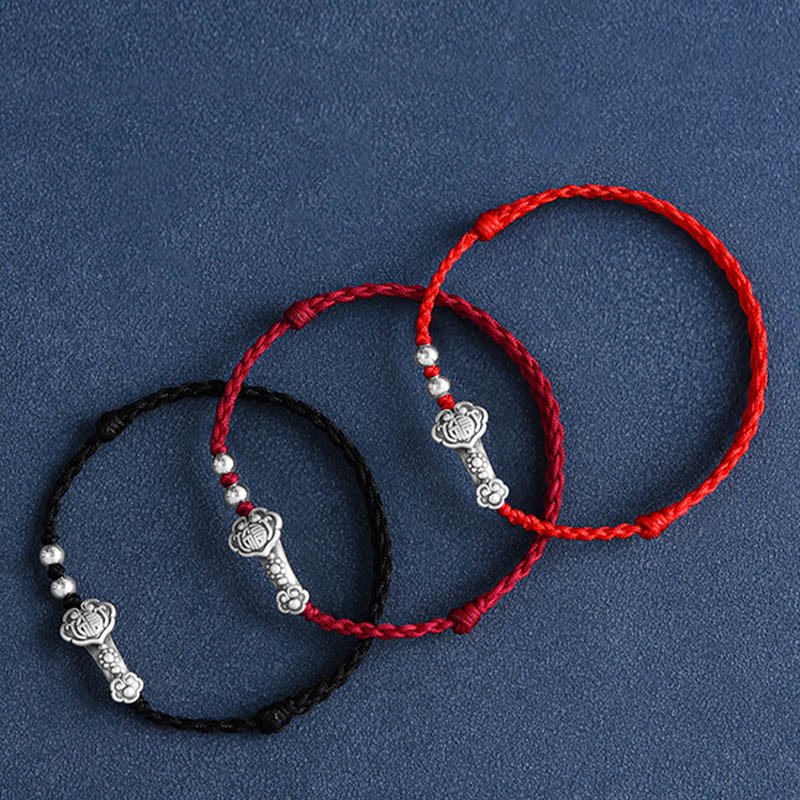 Wear FengShui Handmade 999 Sterling Silver Fu Character Wish Ruyi Handle Fortune Rope Bracelet Anklet