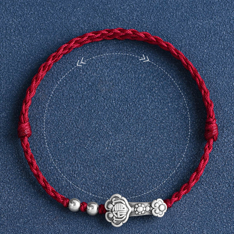 Wear FengShui Handmade 999 Sterling Silver Fu Character Wish Ruyi Handle Fortune Rope Bracelet Anklet