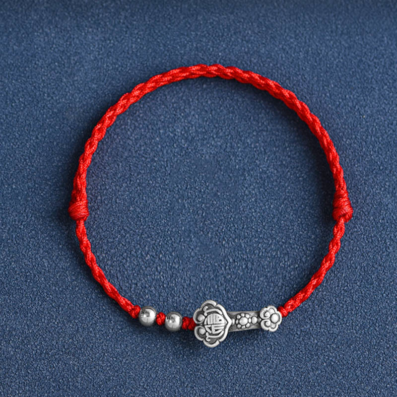 Wear FengShui Handmade 999 Sterling Silver Fu Character Wish Ruyi Handle Fortune Rope Bracelet Anklet