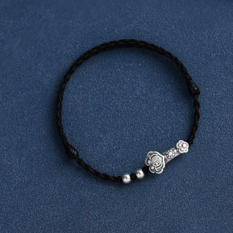 Wear FengShui Handmade 999 Sterling Silver Fu Character Wish Ruyi Handle Fortune Rope Bracelet Anklet