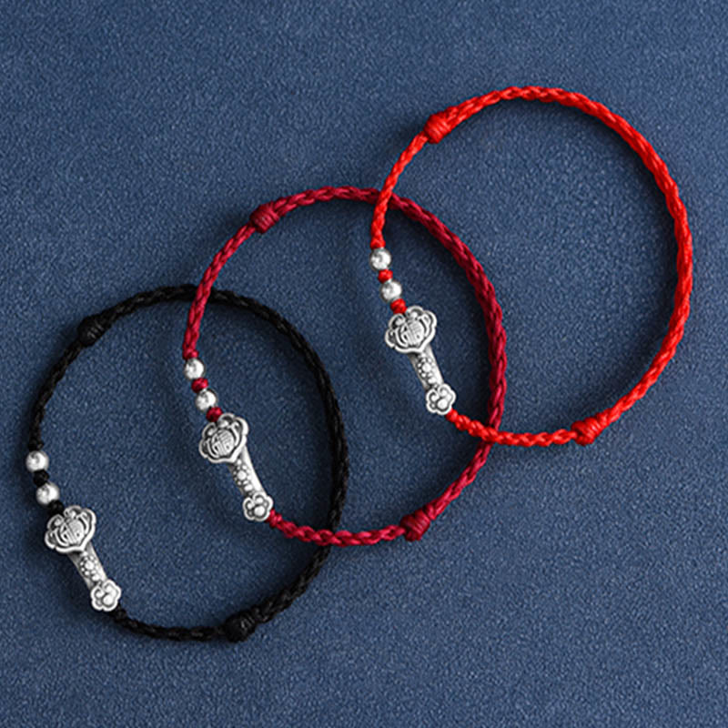 Wear FengShui Handmade 999 Sterling Silver Fu Character Wish Ruyi Handle Fortune Rope Bracelet Anklet