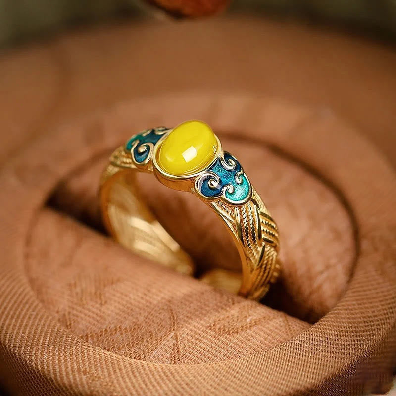 Wear FengShui Amber Copper Auspicious Clouds Focus Adjustable Ring