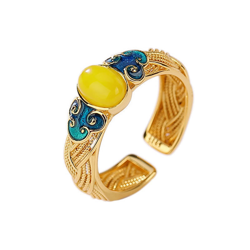Wear FengShui Amber Copper Auspicious Clouds Focus Adjustable Ring