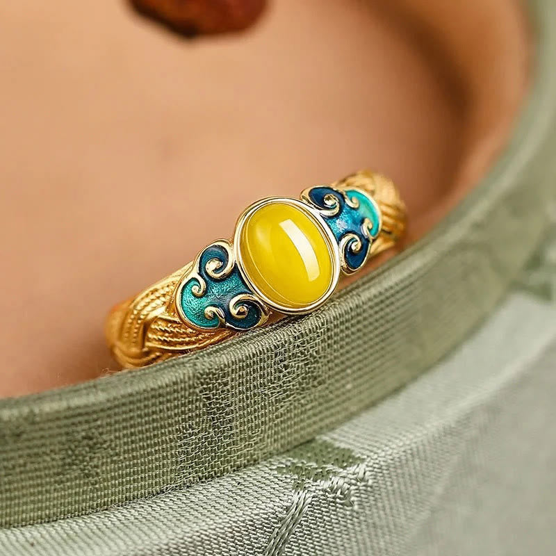 Wear FengShui Amber Copper Auspicious Clouds Focus Adjustable Ring