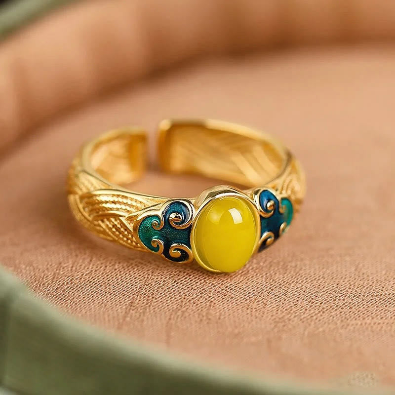 Wear FengShui Amber Copper Auspicious Clouds Focus Adjustable Ring