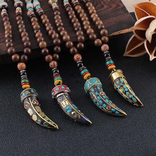 Wear FengShui Tibet Wenge Wood Om Mani Padme Hum OM Symbol Mantra Horn Pattern Protection Necklace Pendant