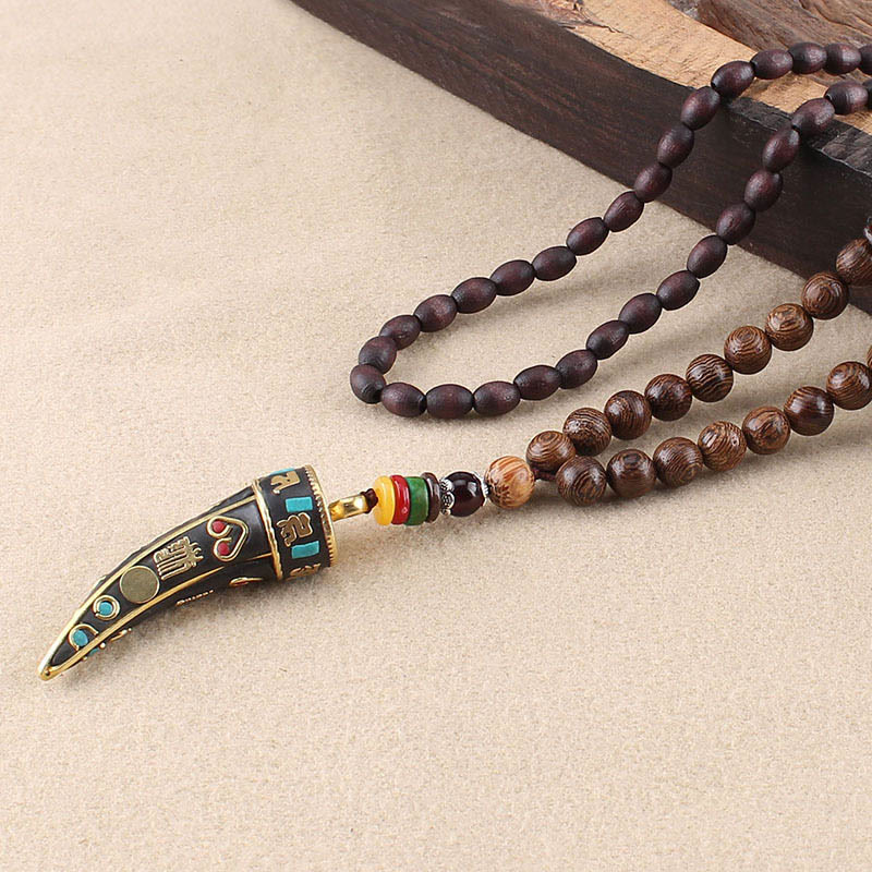 Wear FengShui Tibet Wenge Wood Om Mani Padme Hum OM Symbol Mantra Horn Pattern Protection Necklace Pendant