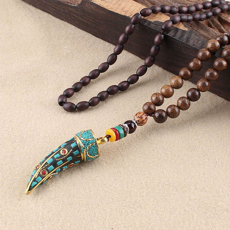 Wear FengShui Tibet Wenge Wood Om Mani Padme Hum OM Symbol Mantra Horn Pattern Protection Necklace Pendant