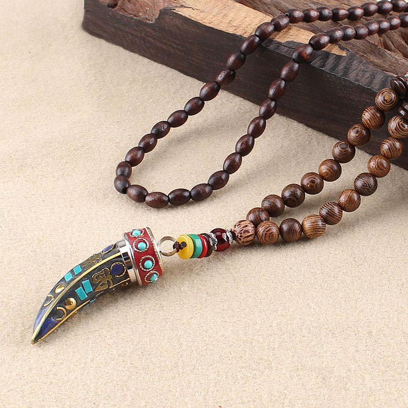 Wear FengShui Tibet Wenge Wood Om Mani Padme Hum OM Symbol Mantra Horn Pattern Protection Necklace Pendant
