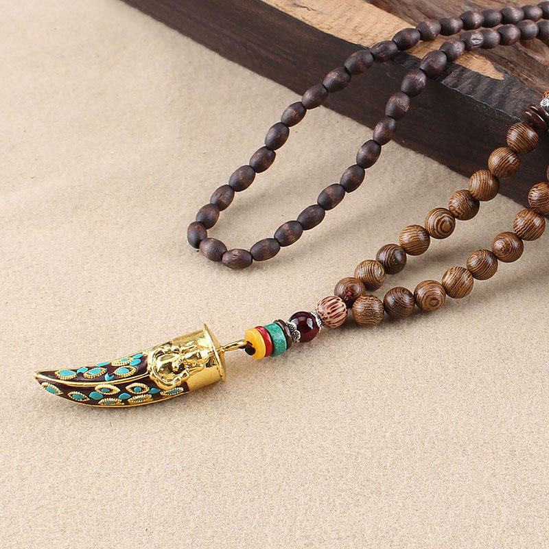 Wear FengShui Tibet Wenge Wood Om Mani Padme Hum OM Symbol Mantra Horn Pattern Protection Necklace Pendant