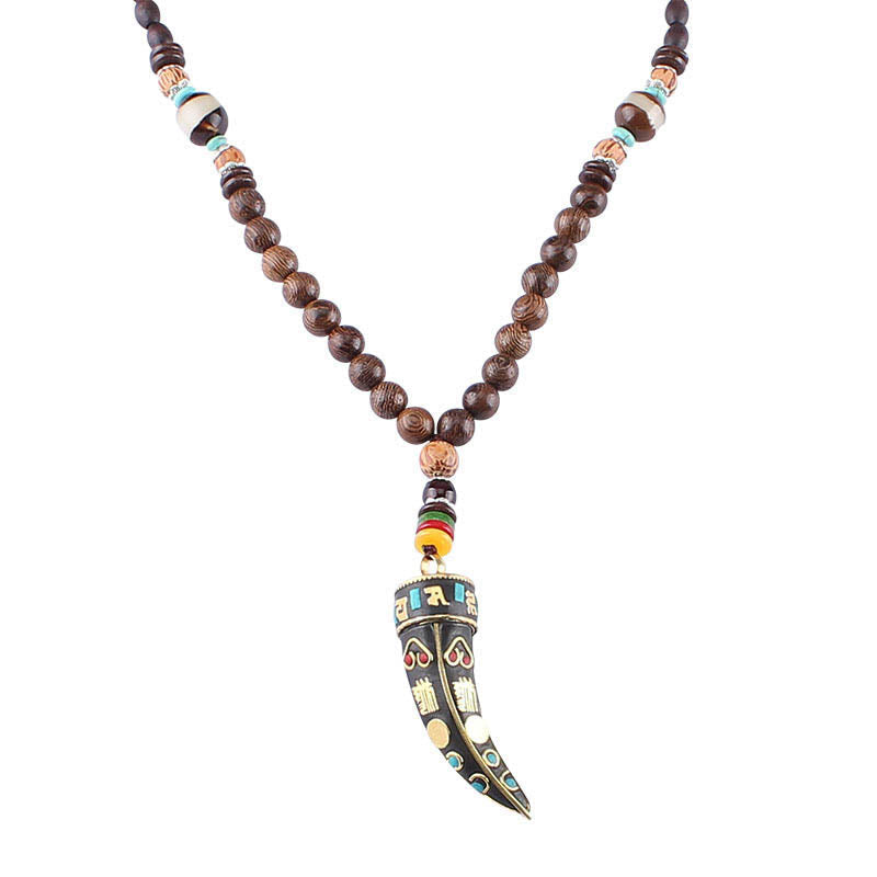 Wear FengShui Tibet Wenge Wood Om Mani Padme Hum OM Symbol Mantra Horn Pattern Protection Necklace Pendant