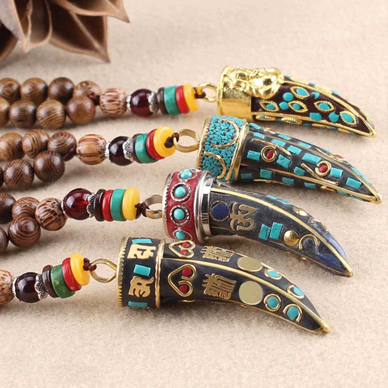 Wear FengShui Tibet Wenge Wood Om Mani Padme Hum OM Symbol Mantra Horn Pattern Protection Necklace Pendant