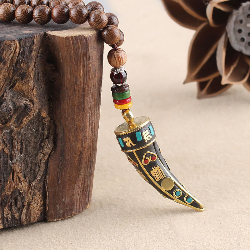 Wear FengShui Tibet Wenge Wood Om Mani Padme Hum OM Symbol Mantra Horn Pattern Protection Necklace Pendant