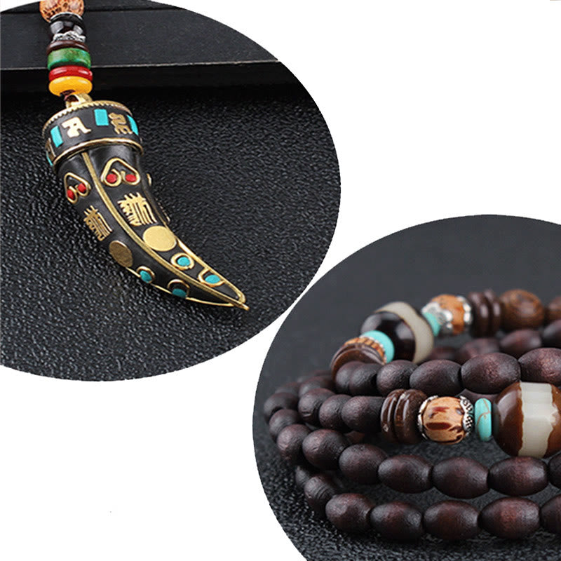 Wear FengShui Tibet Wenge Wood Om Mani Padme Hum OM Symbol Mantra Horn Pattern Protection Necklace Pendant
