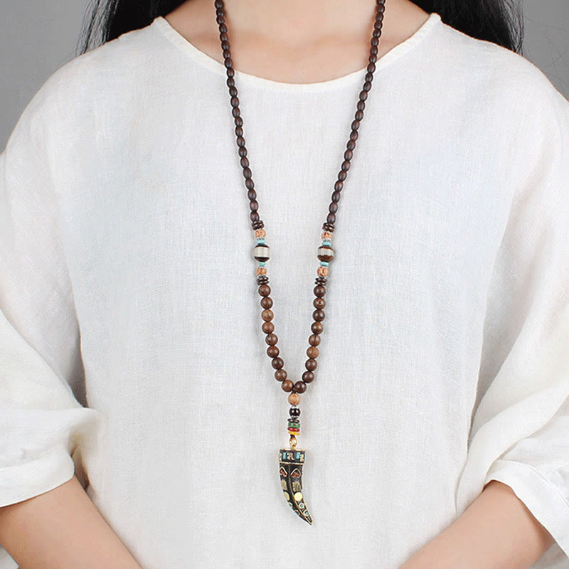 Wear FengShui Tibet Wenge Wood Om Mani Padme Hum OM Symbol Mantra Horn Pattern Protection Necklace Pendant