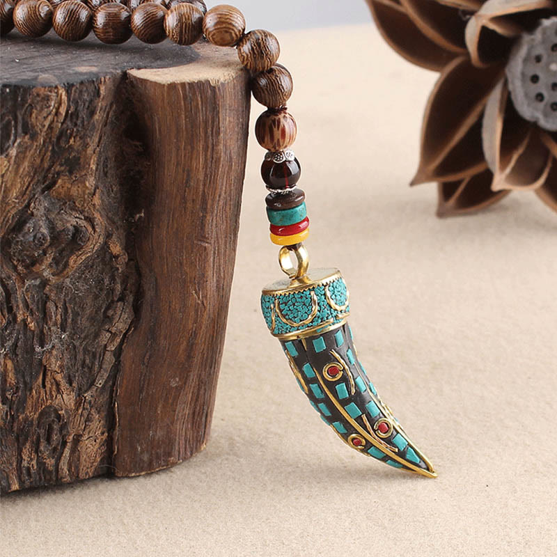 Wear FengShui Tibet Wenge Wood Om Mani Padme Hum OM Symbol Mantra Horn Pattern Protection Necklace Pendant