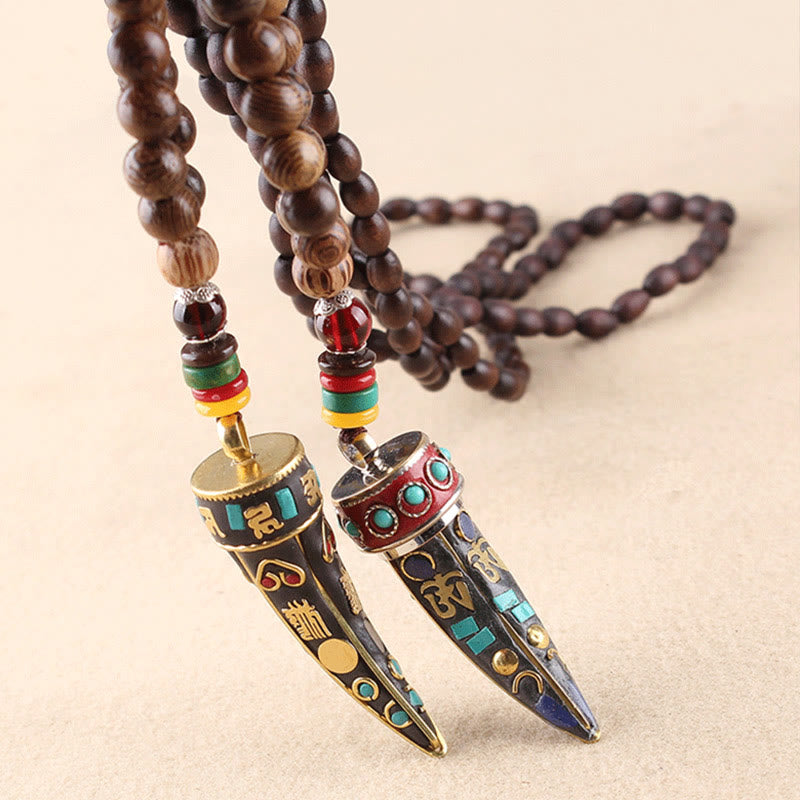 Wear FengShui Tibet Wenge Wood Om Mani Padme Hum OM Symbol Mantra Horn Pattern Protection Necklace Pendant