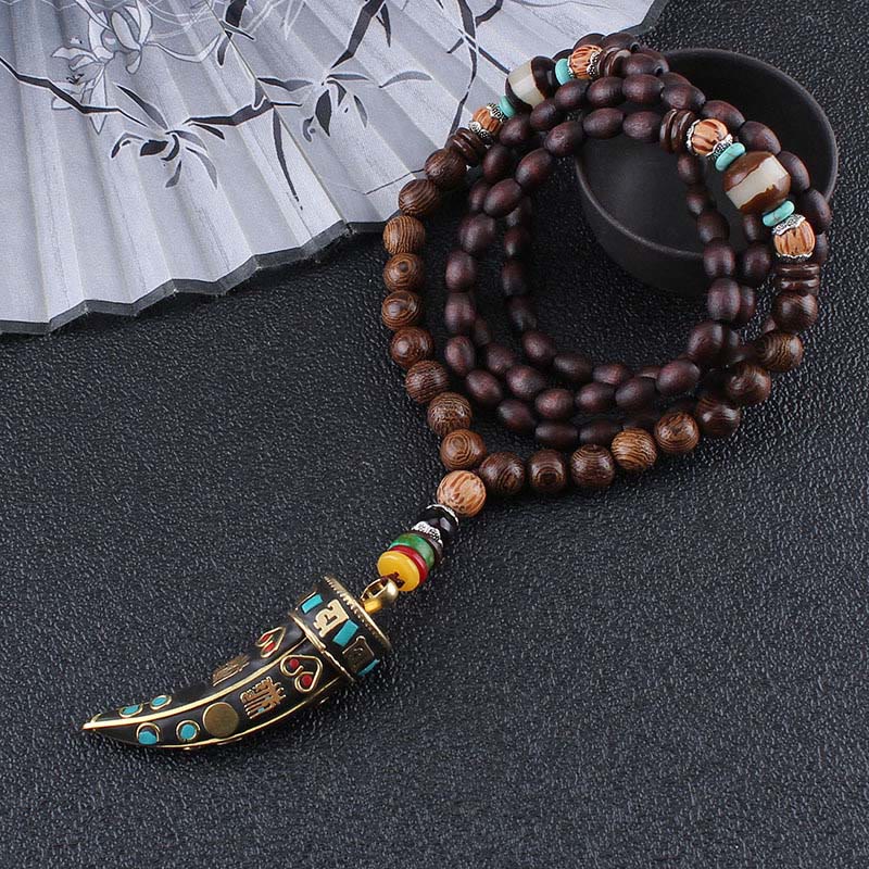 Wear FengShui Tibet Wenge Wood Om Mani Padme Hum OM Symbol Mantra Horn Pattern Protection Necklace Pendant