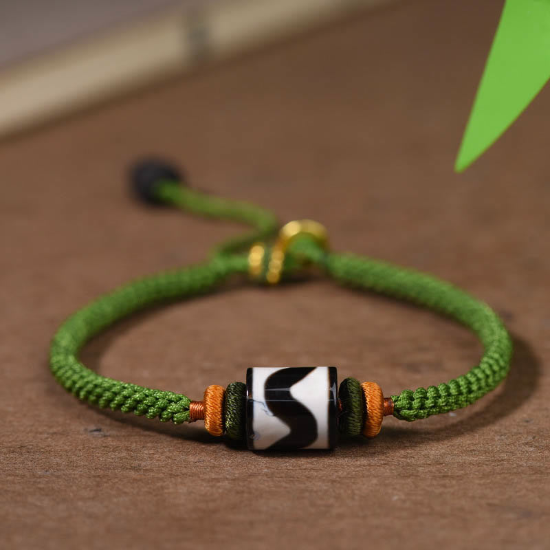 Wear FengShui Handmade Tibetan Dzi Bead Protection Braided Green Rope Bracelet