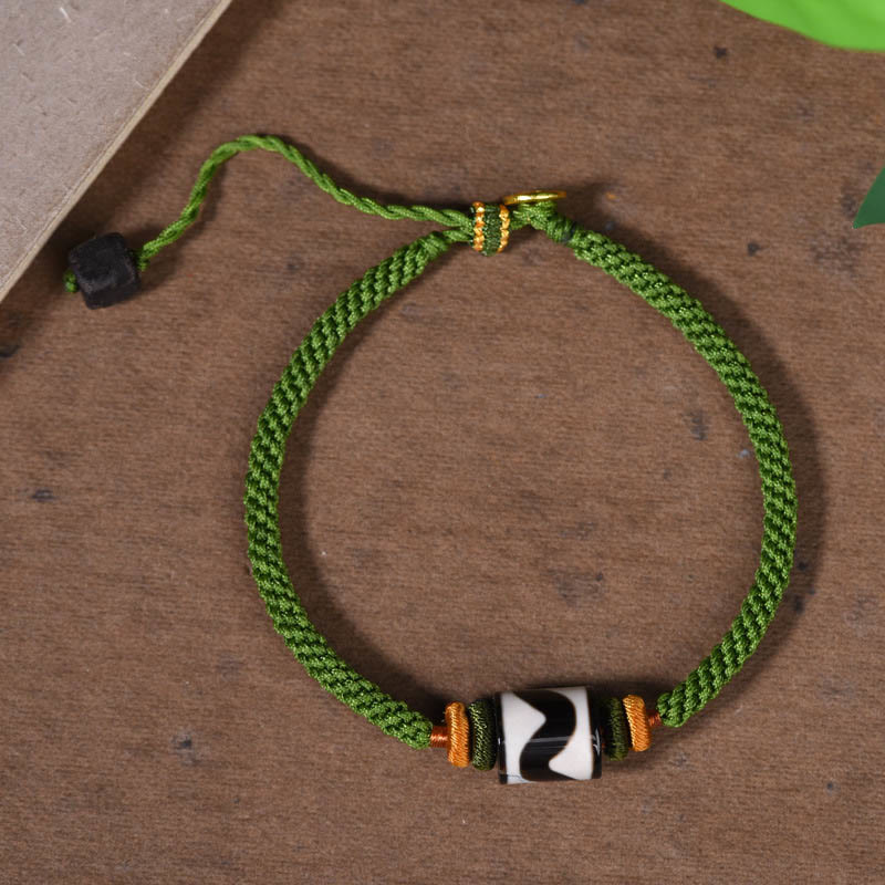 Wear FengShui Handmade Tibetan Dzi Bead Protection Braided Green Rope Bracelet