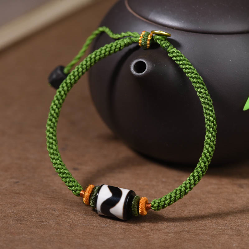 Wear FengShui Handmade Tibetan Dzi Bead Protection Braided Green Rope Bracelet
