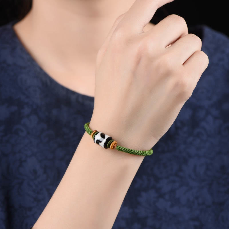 Wear FengShui Handmade Tibetan Dzi Bead Protection Braided Green Rope Bracelet