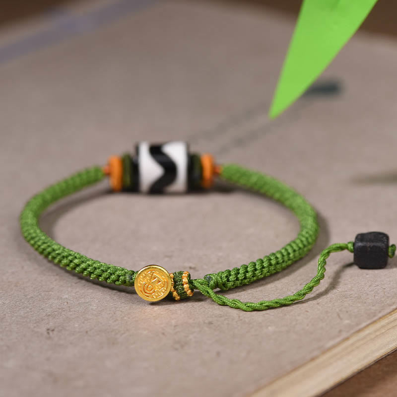 Wear FengShui Handmade Tibetan Dzi Bead Protection Braided Green Rope Bracelet