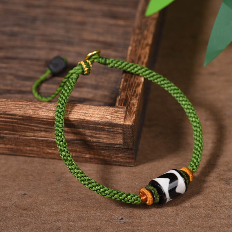 Wear FengShui Handmade Tibetan Dzi Bead Protection Braided Green Rope Bracelet