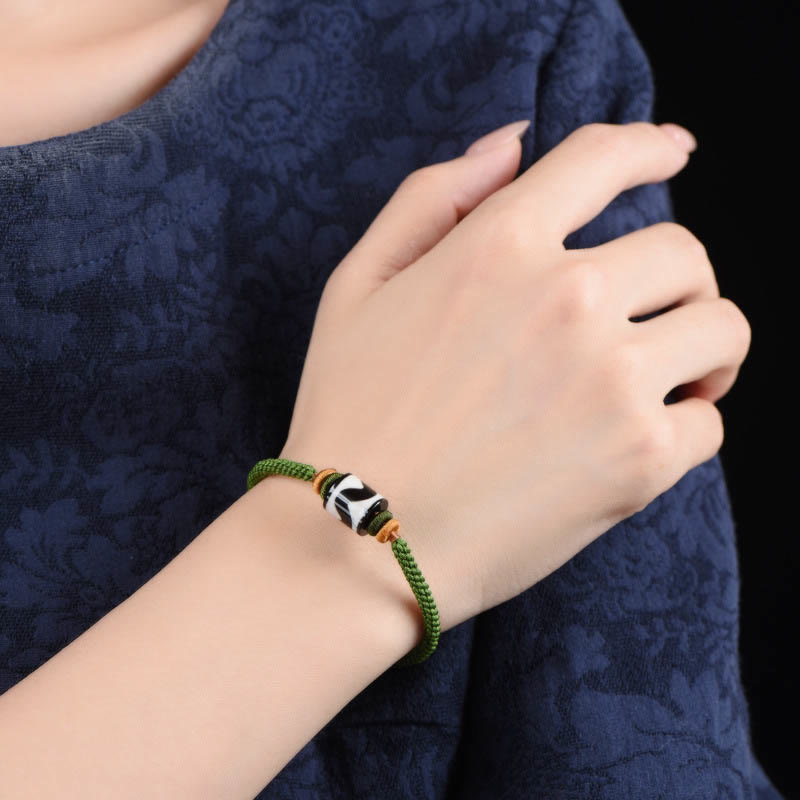 Wear FengShui Handmade Tibetan Dzi Bead Protection Braided Green Rope Bracelet