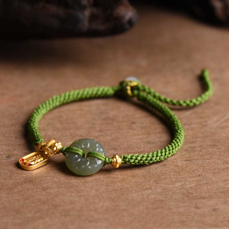 Wear FengShui Green Jade Peace Buckle Green Rope Bracelet