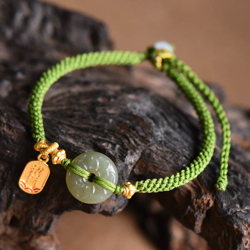 Wear FengShui Green Jade Peace Buckle Green Rope Bracelet