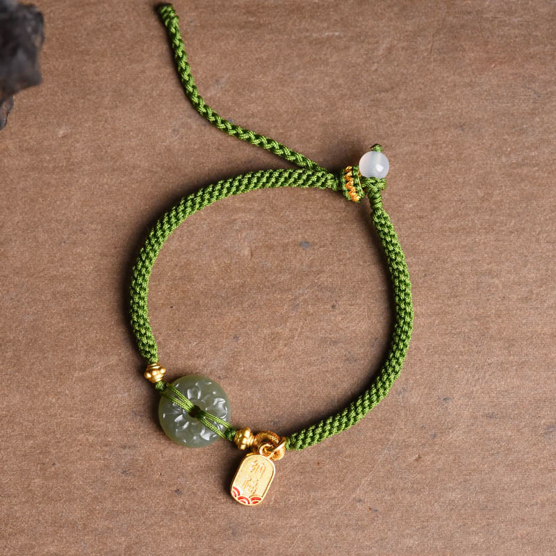 Wear FengShui Green Jade Peace Buckle Green Rope Bracelet