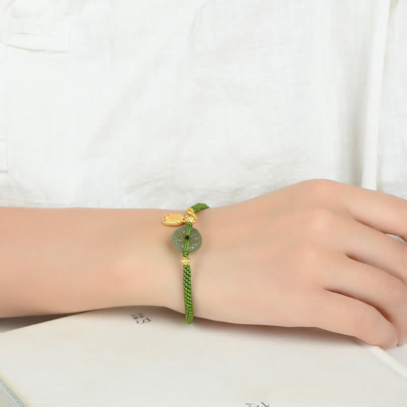 Wear FengShui Green Jade Peace Buckle Green Rope Bracelet