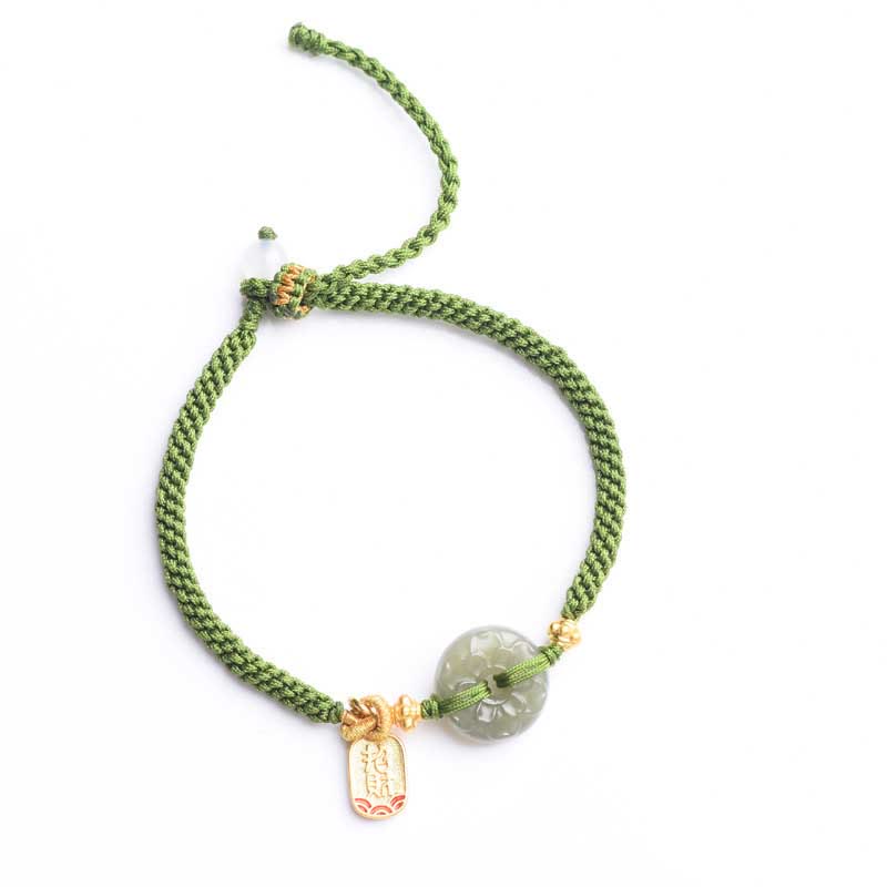 Wear FengShui Green Jade Peace Buckle Green Rope Bracelet