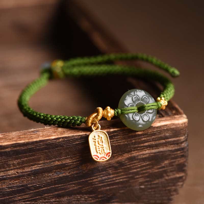 Wear FengShui Green Jade Peace Buckle Green Rope Bracelet